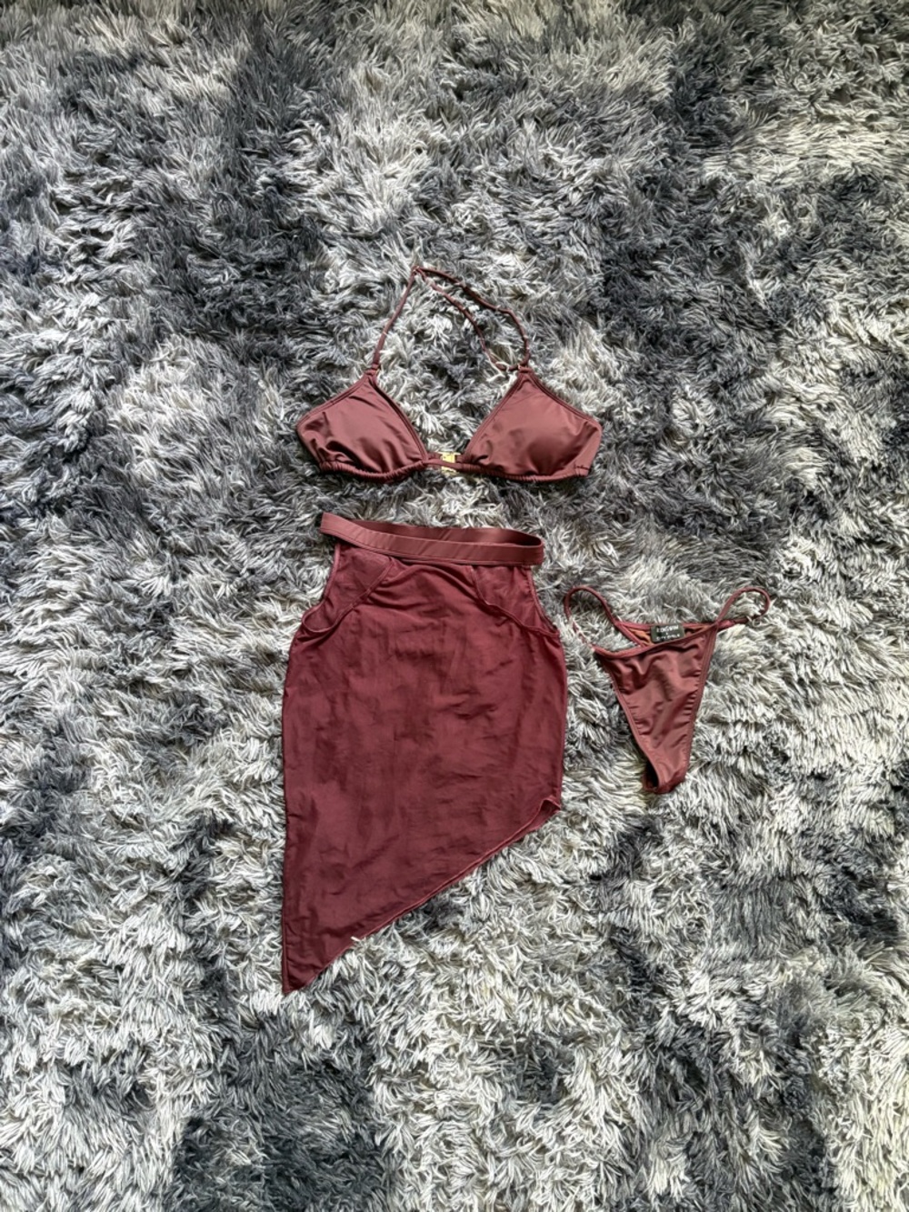 Burgundy Bikini Set w/ Sheer Sarong Skirt | Wine Triangle Top Thong Bottom Swim
